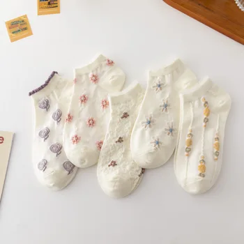 5 Пар Корейско-Японских Модных Жаккардовых коротких носков с прекрасным цветочным рисунком, женские носки с цветочным рисунком для девочек, Милые белые носки с низким вырезом на лодыжках, летний подарок