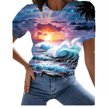 Летняя женская футболка с принтом океанских пейзажей 2022, Повседневная футболка с коротким рукавом в стиле 