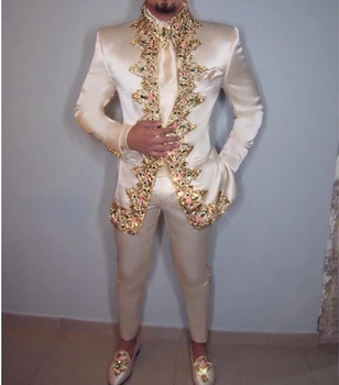 Мужской костюм 2020 из двух частей (куртка + брюки + ремень) Итальянский Приталенный Свадебный Костюм с Воротником-стойкой для Мужчин, Сшитый на Заказ С Вышивкой