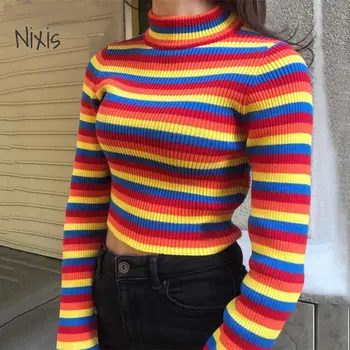Женский полосатый свитер, приталенный вырез горловины и длинные рукава, вязаные топы, весна-осень, модная одежда в корейском стиле, универсальная