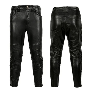 Мотоциклетные мужские брюки из натуральной воловьей кожи, протекторы, Модные кожаные штаны для верховой езды, осень