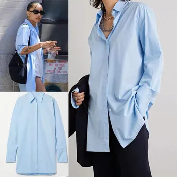 Женская рубашка TheR0w из весенне-летнего нового синего хлопкового поплина, свободная и простая рубашка средней длины в стиле 
