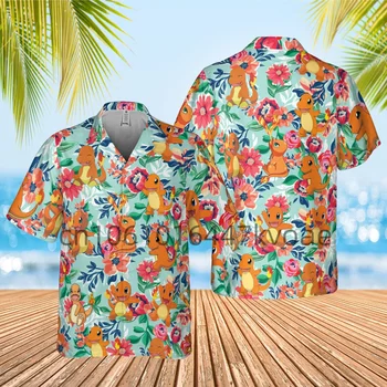 Гавайская рубашка с Пикачу Чармандером, Мужская, Женская, Детская Рубашка с коротким рукавом, Летняя Повседневная Пляжная Рубашка, Гавайская Рубашка с Покемоном Чаризардом