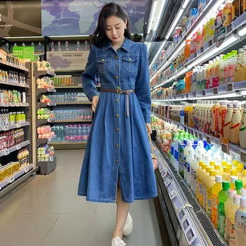 Новое джинсовое платье выше колена в корейском стиле с длинными рукавами A7 на весну 2023