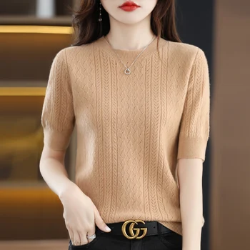 Новый весенний женский вязаный пуловер с круглым вырезом из 100% чистой шерсти в корейском стиле, тонкий мягкий женский топ