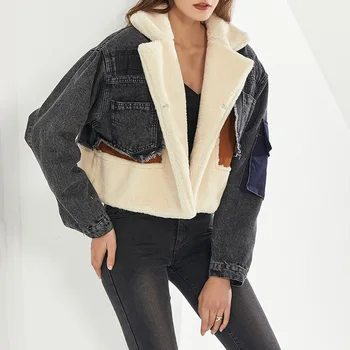 Короткое женское пальто из шерсти ягненка, весна 2023, Новая модная Свободная толстая повседневная джинсовая куртка для женщин