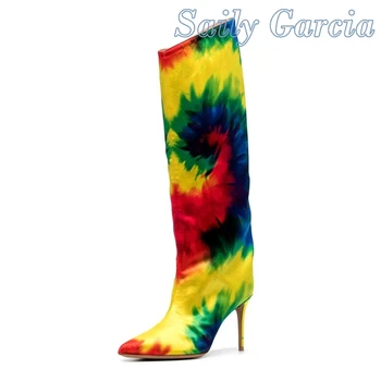 Tie Dye/ новейшие ботинки на высоком каблуке с индивидуальностью, с острым носком, в уличном стиле, разноцветные, 2022, зимние женские модные трендовые пикантные женские туфли