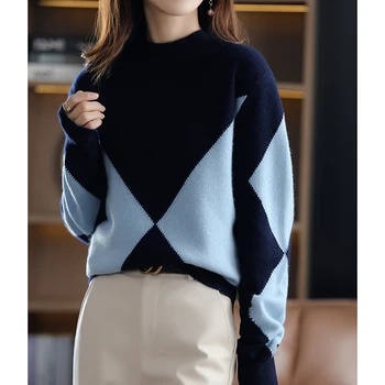 2022 осенне-зимний новый 100% шерстяной кашемировый свитер, женский свободный вязаный свитер большого размера, свитер с воротником наполовину, сшитый свитер