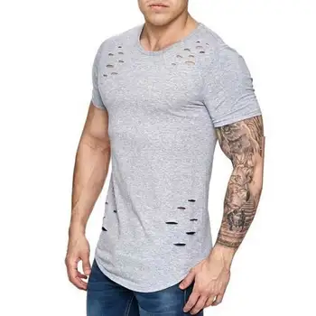 № 2 A1291, футболки с дырками, мужская футболка с коротким рукавом, летняя одежда для фитнеса, мужская забавная однотонная футболка, уличная одежда, тонкие топы
