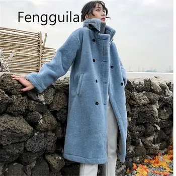 Новое Плюшевое пальто из ягненка FENGGUILAI, Женское Осенне-Зимнее Новое пальто выше колена с воротником-стойкой из искусственного меха, длинная теплая куртка