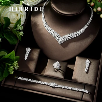 HIBRIDE Изысканные ювелирные наборы для женщин, ювелирные аксессуары для свадебной вечеринки, Серьги-гвоздики с кубическим цирконием AAA, ожерелье, подарок N-271