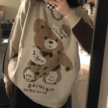 Свитер с милым медведем, Женская одежда, Осенний Новый шерстяной пуловер, Модный Свободный Жаккардовый свитер с рисунком Мультяшного Медведя