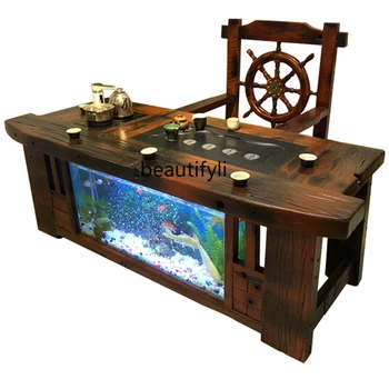Старый корабельный деревянный стол-стул, аквариум с проточной водой, офисный чайный столик, Новый китайский чайный столик кунг-фу