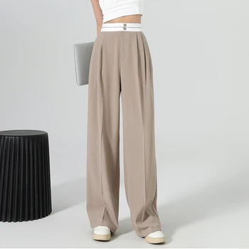 Новинка 2023 года, широкие брюки с высокой талией для женщин, весенне-летние свободные прямые брюки, повседневный костюм на двух пуговицах, брюки
