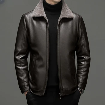 Куртки из натуральной кожи для мужчин, Осенне-Зимнее Повседневное деловое плюшевое пальто, Мужская Кожаная куртка, теплые пальто с лацканами, Casaco Masculino