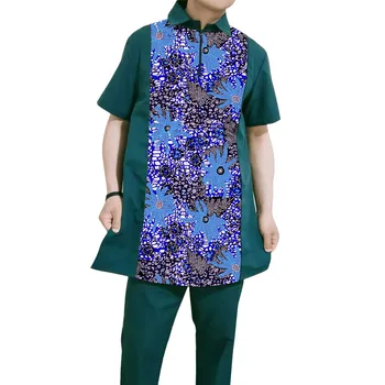 Модный мужской комплект в нигерийском стиле, рубашка с коротким рукавом и воротником в стиле пэчворк + брюки, зеленые топы с брюками, наряды для вечеринок на заказ