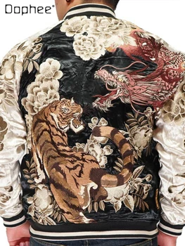 Мужские Летающие куртки с вышивкой Yokosuka, Двухсторонние Повседневные Куртки Dragon Tiger Peony Blossom 2023, Весенне-осенняя бейсбольная куртка