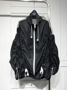 SuperAen, Контрастная Куртка на Молнии с Воротником-стойкой, Женская Новинка 2023, Свободная Плиссированная Дизайнерская Куртка, Пальто
