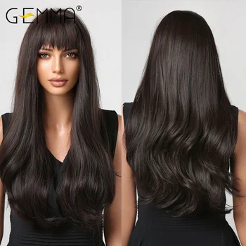 Длинные темно-коричневые женские Парики GEMMA с волнистой челкой, термостойкие синтетические парики для женщин, афроамериканский парик для волос