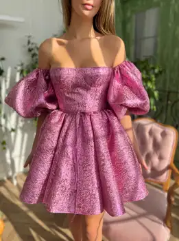 Современные коктейльные платья с пышными рукавами для женщин, Элегантное розовое атласное платье с открытыми плечами для выпускного вечера для детей, vestidos