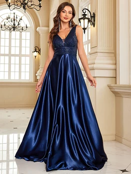 XUIBOL Элегантное вечернее платье с пайетками 2023 Женское Атласное платье для выпускного вечера с глубоким V-образным вырезом, Зеленое Платье Длиной до пола, темно-синее вечернее платье