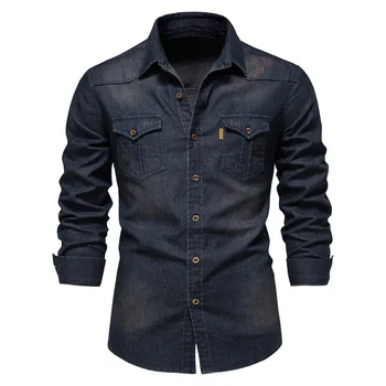 Новая мужская рубашка для глажки джинсовой ткани американского размера, повседневная однотонная мужская рубашка для глажки одежды с длинными рукавами