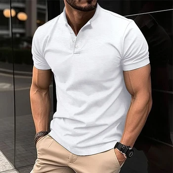 Мужские рубашки, повседневные летние топы с отложным воротником и пуговицами, облегающие топы с коротким рукавом, футболка для фитнеса, дышащая деловая блузка