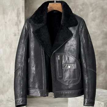 Мужская куртка из натуральной кожи, мужская куртка-бомбер B3, черная