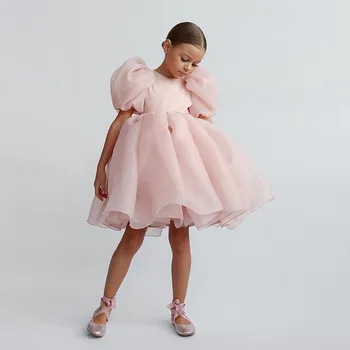 Модное винтажное платье Принцессы для девочек, Детское платье из тюля с пышными рукавами, Розовое свадебное платье-пачка на День рождения, Детская одежда от 1 до 10 лет