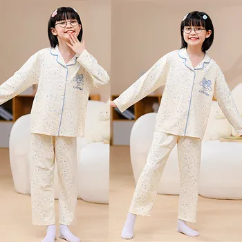 Детская пижама Sanrio Cinnamoroll Kuromi с рисунком помпомпурина, повседневный свободный кардиган, домашняя одежда для девочек, осенний пижамный комплект