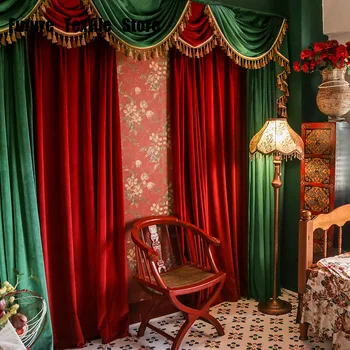 Роскошные Европейские однотонные фланелевые Бархатные шторы с затенением для гостиной, спальни, сшитые красными и зелеными рождественскими занавесками