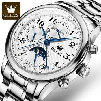 OLEVS Лидирующий бренд, мужские часы Со Стальным ремешком, Автоматические часы, Многофункциональные Дата, Фаза Луны, Мужские наручные часы, Роскошные механические часы GMT