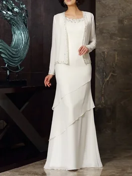 Платье-футляр для матери невесты из двух частей, Элегантное шифоновое платье с длинным рукавом Длиной до пола, украшенное драгоценными камнями