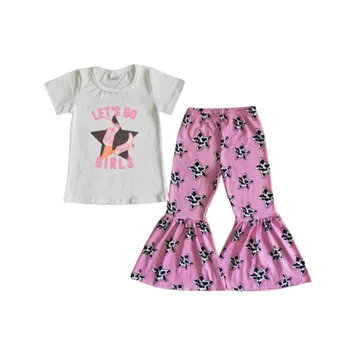 Летний модный костюм для девочек с принтом в виде пятиконечной звезды, Розовый костюм, Топ с короткими рукавами, Расклешенные брюки, Комплект из 2 предметов
