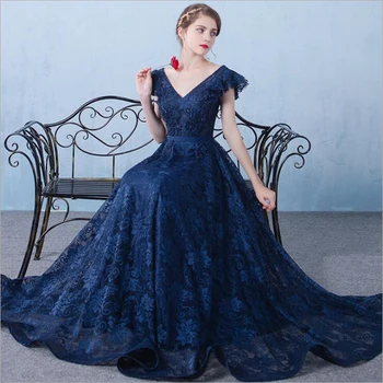 Новое винтажное вечернее платье темно-синего цвета из тюля, сексуальное длинное платье для выпускного вечера с V-образным вырезом, трапециевидной формы