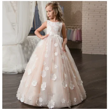 Прекрасные платья с цветочным узором для девочек, тюлевая аппликация с оборками и бисером для девочек, платья для свадебной вечеринки, платья для первого причастия