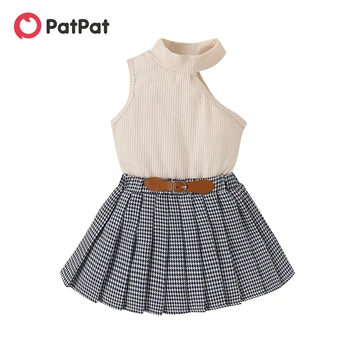 PatPat 2 шт., комплект из 2 предметов для маленьких девочек в консервативном стиле, без рукавов в рубчик и плиссированной юбки в клетку