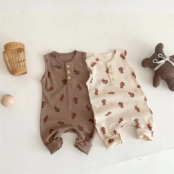 Комбинезон с медведем для новорожденных мальчиков и девочек, Летний Свободный комбинезон без рукавов, цельные комплекты, одежда для младенцев на 0-24 месяца