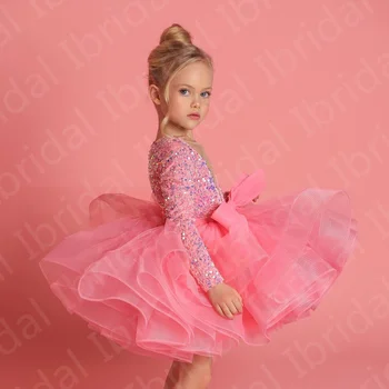 Новые милые Короткие розовые платья в цветочек для девочек, детские праздничные платья с длинными рукавами, круглый вырез, бальное платье с блестками, детская официальная одежда с бантом