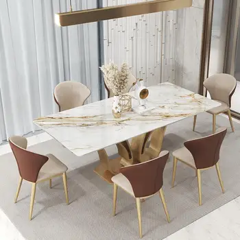 Роскошная вилла столовая прямоугольный островной стол в форме лебедя 1,8 м и набор из 6 стульев Золотой креативный дизайн мраморной мебели