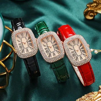 Женские часы с бриллиантами, роскошный дизайн, Женские кварцевые часы, кожаные зеленые часы, трендовые часы для любителей Женских наручных часов