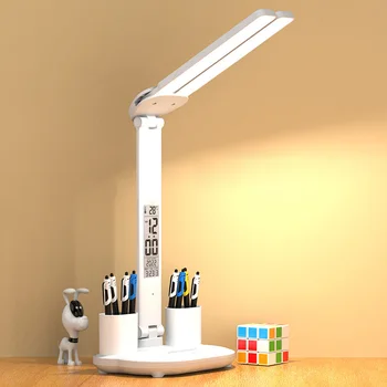 Сенсорная Складная светодиодная настольная лампа USB с регулируемой яркостью, настольная лампа с календарем, Температурные часы, Ночник для учебы, лампа для чтения, подарок