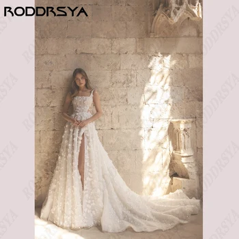 RODDRSYA, Гражданское свадебное платье, Сексуальное, с открытой спиной, с высоким разрезом, для невесты, Квадратный воротник, аппликация, Свадебное платье трапециевидной формы, Шлейф, Принцесса