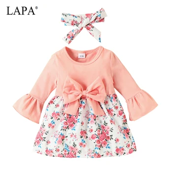 LAPA/ Одежда для маленьких девочек от 0 до 2 лет, платье-джемпер с цветочным рисунком, платья с длинными рукавами и бабочками, круглый вырез, Одежда с цветочным рисунком