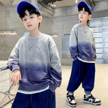 Весенне-осенний повседневный свитер для мальчиков, Хлопковый Новый Свободный топ, пуловер для средних и больших мальчиков, корейская версия, подходит для 5-13 лет