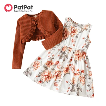 PatPat Комплект из 2 предметов, платье без рукавов с цветочным принтом для маленьких девочек и коричневый кардиган с оборками