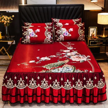 Комплект постельного белья Свадебный китайский праздничный комплект постельного белья с юбкой, большой красный двуспальный очень большой кружевной комплект постельного белья, покрывала для двуспальной кровати bac