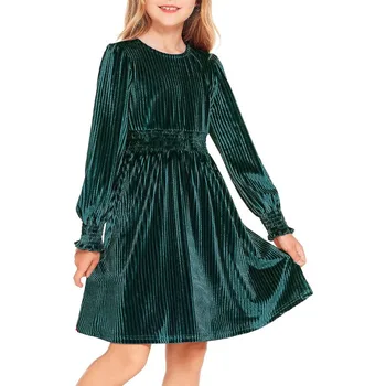 Платье с длинными рукавами для девочек, бархатное платье миди с круглым вырезом, осеннее винтажное однотонное платье для детей от 4 до 13 лет