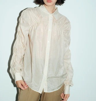 2023 Новые Поступления, Дизайнерская плиссированная рубашка с отложным воротником, однотонная рубашка с длинными рукавами и пуговицами, Модная женская рубашка