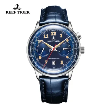 Reef Tiger/RT Лидирующий бренд, Синие часы с автопилотом, Мужские Функциональные механические часы С Водонепроницаемым кожаным ремешком, наручные часы RGA9122